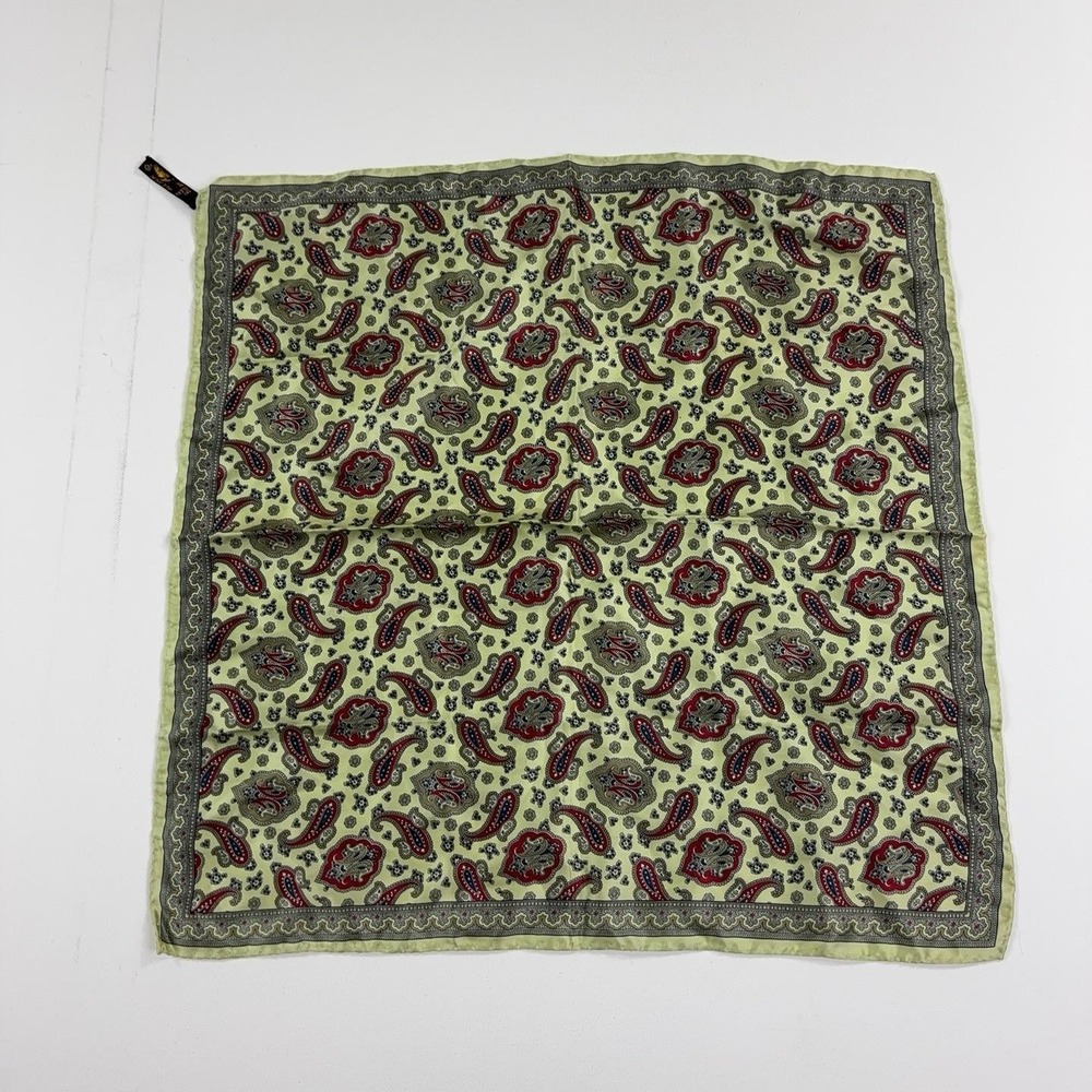 Silk Pocket Square Mens One Size Green Paisley Twill Hand Rolled Italy